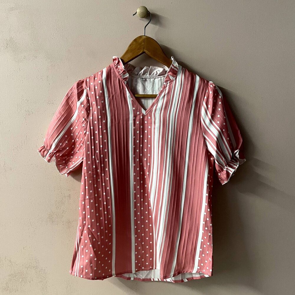 Pink Striped/Polka Dot Ruffled Neckline Top Size S EUC